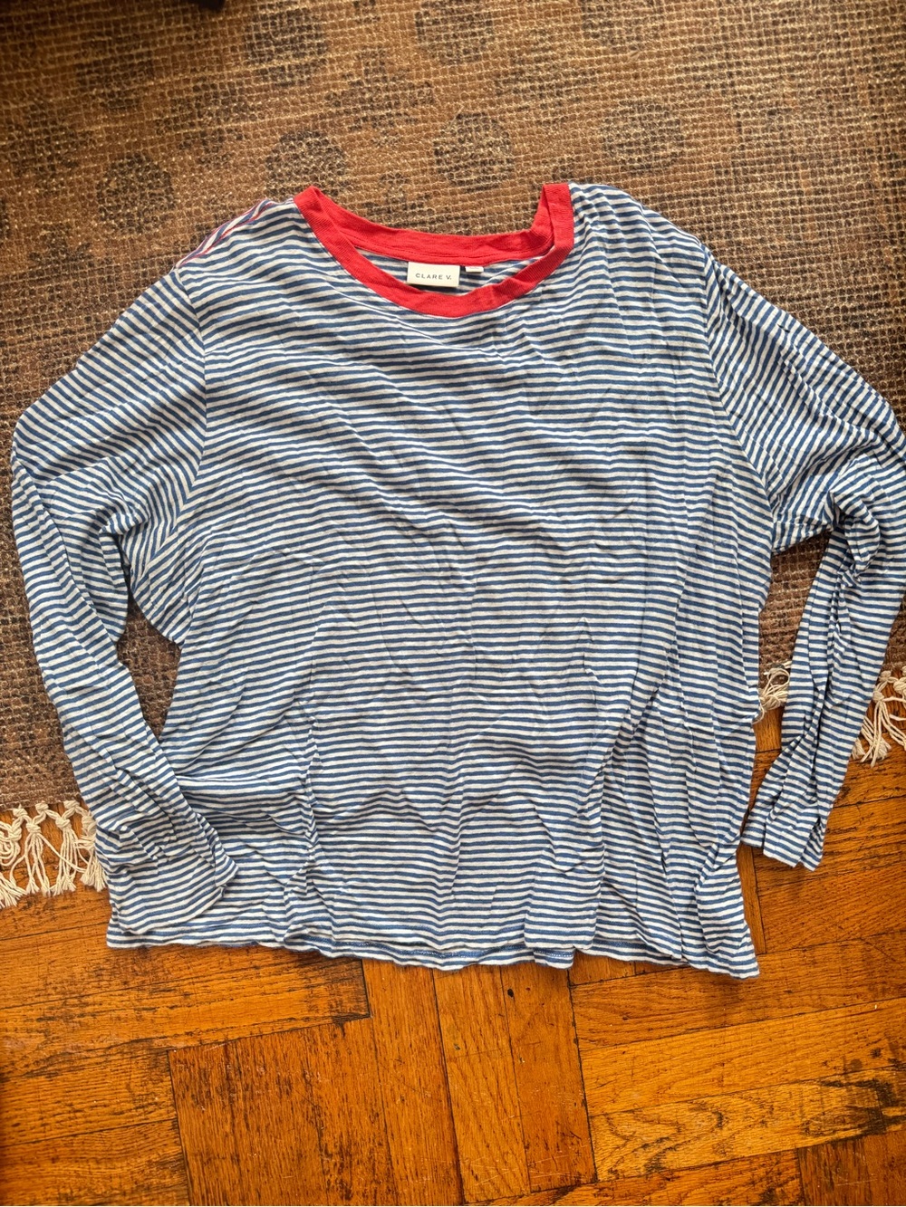 Clare V Navy & White Stripe Long-Sleeve Tee with Red Neckline